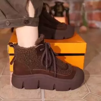 Популярные женские ботинки Martin 2025 года, новые зимние ботинки на толстой подошве, бархатные теплые туфли с низким голенищем, удобные туфли из хлопка для женщин 35 коричневый