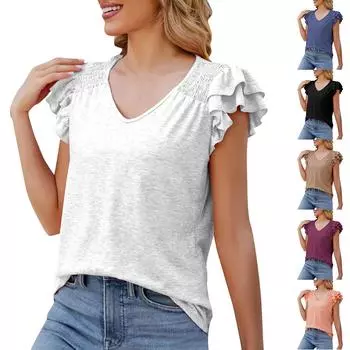 Популярные женские летние топы, однотонная плиссированная повседневная свободная футболка с v-образным вырезом и короткими рукавами