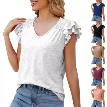 Популярные женские летние топы, однотонная плиссированная повседневная свободная футболка с v-образным вырезом и короткими рукавами