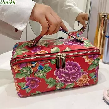 Популярные женские ретро сумки из искусственной кожи для хранения на северо-востоке с большим цветком, модная косметичка в китайском стиле, дорожная косметичка красный