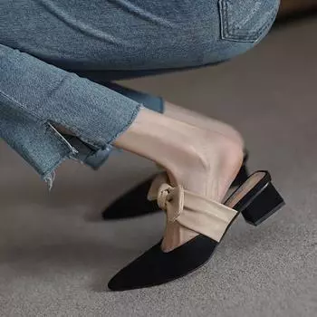 Популярные женские шлепанцы с острым носком 2024, шлепанцы с бантом для вечеринок, туфли-лодочки на высоком квадратном каблуке, элегантные туфли-лодочки на среднем каблуке, Zapato Mujer 42 чёрный