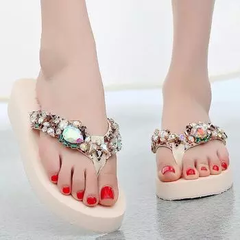 Популярные женские тапочки на плоской подошве, роскошные шлепанцы со стразами, сандалии, праздничная пляжная обувь, сандалии на танкетке, женские сандалии, размер 41-42 42
