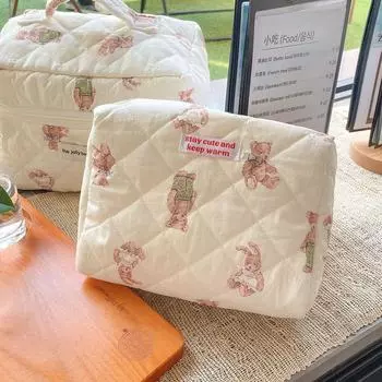 Популярный 3 шт., косметичка с милым медведем, хлопковый стеганый органайзер для макияжа, сумка для хранения с пеналом на молнии, большая вместимость для женщин и девочек CHINA