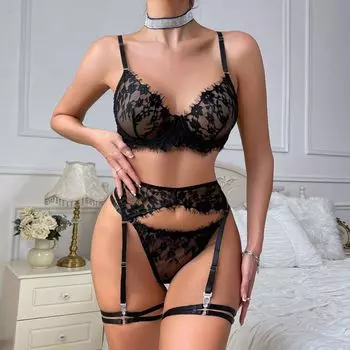 Популярный черный кружевной полые стальные кольца верхняя поддержка сексуальное нижнее белье пять частей костюм женский S