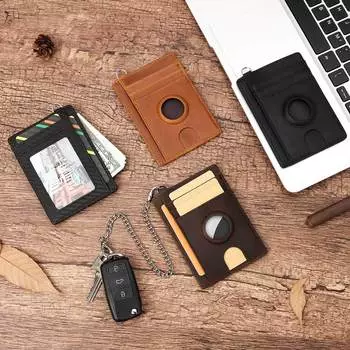 Популярный держатель для карт из натуральной кожи для деловых мужчин, первый слой коровьей кожи с защитой AirTag Tracking темно-коричневого
