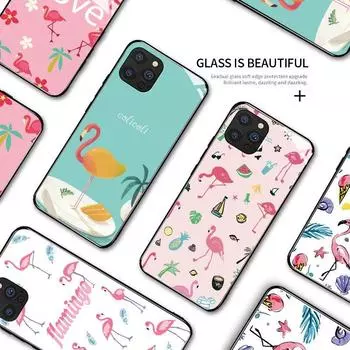 Популярный глянцевый чехол с розовым фламинго, противоударный чехол из закаленного стекла для iPhone Infinix Tecno OnePlus iPhone 11 Pro Max