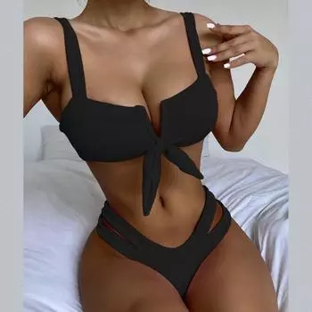 Популярный комплект бикини с мягкой подкладкой, сплошной цвет, женский купальник с завязанным верхом, комплект бикини для занятий спортом в болотной воде S чёрный