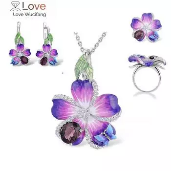 Популярный комплект украшений из эмали с фиолетовой бабочкой для женщин, модные женские комплекты ожерелий, сережек и колец, аксессуары для свадебной вечеринки