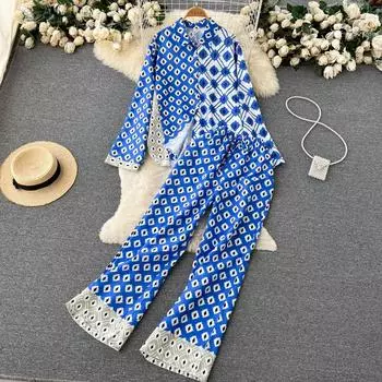 Популярный костюм-двойка в Европе и Америке, женская темпераментная рубашка с длинными рукавами и принтом, топ с высокой талией, широкие длинные брюки