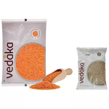 Популярный красный сплит Масур Дал Vedaka, 2 кг | Богат белком | Без холестерина | Без добавок и бренд Amazon - Целый тмин Vedaka, 500 г