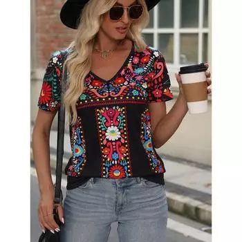 Популярный летний женский топ на Amazon в Европе и Америке, футболка с V-образным вырезом и короткими рукавами в стиле бохо для женщин S