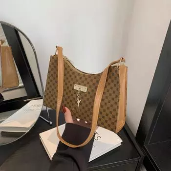 Популярный нишевый дизайн, женская сумка через плечо 2024 года, весна, новый, с принтом, простая сумка через плечо, модная фактурная клетчатая сумка чёрный