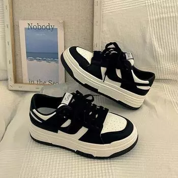 Популярный рост кожаных белых туфель для женщин 2025 года, новые повседневные туфли на платформе с пандой, черно-белые спортивные туфли 35 чёрный