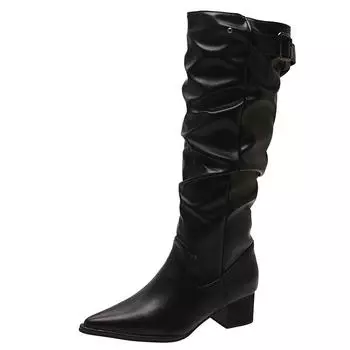Популярный стиль большой обхват голенища ковбойские сапоги из коровьей кожи новые универсальные с острым носком с отделкой внахлест пряжка на ремне толстый каблук высокие сапоги женские 35