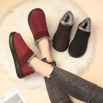 Популярный товар зимняя женская хлопковая обувь с утолщенной теплой подошвой для мам среднего и пожилого возраста короткие зимние ботинки без застежек на плоской подошве 35 красный