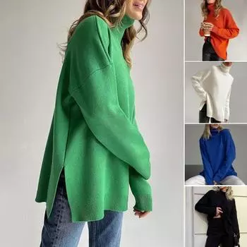 Популярный вязаный свитер, водолазка, зимний однотонный свободный теплый джемпер L абрикосовый