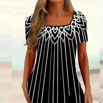 [Популярный выбор] Летний шик: Женская футболка с квадратным вырезом и коротким рукавом, с уникальным принтом - повседневная, эластичная, из полиэстеровой смеси, можно стирать в стиральной машине 5XL чёрный