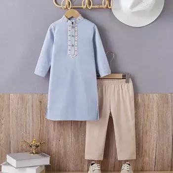 Популярный вышитый комплект робы для мальчиков-подростков в ближневосточном стиле светло-синий