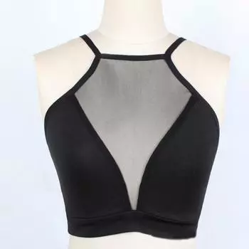 Популярный женский бюстгальтер без рукавов с высокой эластичностью, прозрачный сетчатый женский бюстгальтер с глубоким v-образным вырезом для бега M чёрный