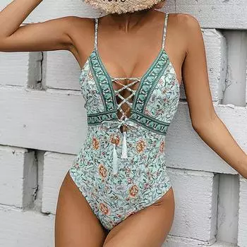 Популярный женский купальник на шнуровке, обтягивающий женский купальник с высокой талией и открытой спиной для плавания S зелёный