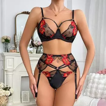 Популярный женский сексуальный тяжелая промышленность вышивка сексуальное нижнее белье перспектива полая униформа соблазн дразнить страсть комплект из трех частей S