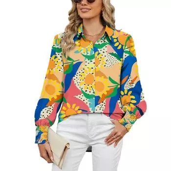 Популярный женский топ с длинными рукавами и принтом на осень-зиму с лацканами, рукавами-фонариками, подкладкой, блузками, рубашками S