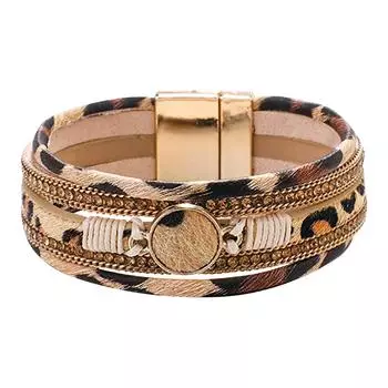 Популярный зимний сплав магнитная пряжка браслет с леопардовым принтом, модный кожаный браслет, кожаный браслет из конского волоса One Size коричневый