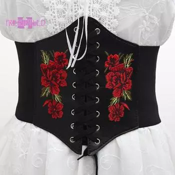 Пояс на талии с вышивкой розовых цветов, регулируемая эластичная застежка-веревка, удобное украшение из искусственной кожи, женский эластичный корсет на шнуровке, модный аксессуар чёрный