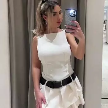 Пояс тонкий O-образный вырез без рукавов женские короткие платья весна лето женский уличный мини-халат XS молочный белый