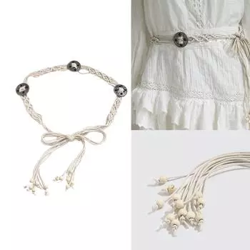 Пояс в стиле бохо с бахромой, завязанный бисером, пояс для платья, декоративный тонкий пояс, аксессуары для девочек и женщин бежевый