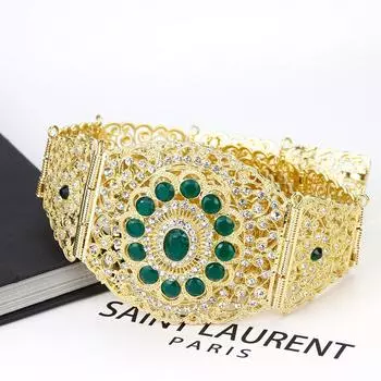 Пояс золотого цвета для свадебного платья, ювелирные изделия, круглая кристальная полая цепочка на живот зелёный