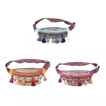 Поясная сумка из полиэстера в народном стиле с кисточками, большая вместимость, простая стильная нагрудная сумка для ежедневных путешествий Blue