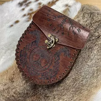 Поясная сумка с скандинавским тиснением Ретро Средневековая сумка из искусственной кожи Поясная сумка викингов Винтажная сумка Сумка для монет для ролевых игр Фэнтезийные события Renaissance Faire Dragon чёрный