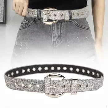 Поясной ремень из искусственной кожи, пряжка, декор из стразов, декоративный пояс серебряный