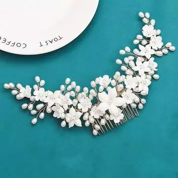 Porcelain pearl hair comb hand-woven ceramic insert comb antique Hanfu hair accessories wedding hair accessories серебряный