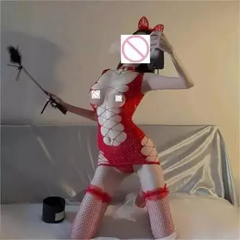 Порно боди Женское сексуальное платье Красный бриллиант сетка выдалбливают страсть пижамы Хэллоуин вечеринка униформа сексуальный наряд эротическое белье One Size