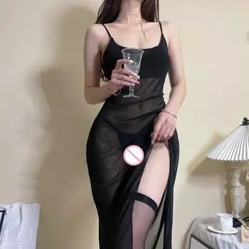 Порнографическое белье, Газовое прозрачное длинное платье, чисто соблазнительная и сексуальная пижама, нет необходимости снимать платье с разрезом на подтяжках One Size