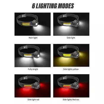 Portable 6 Modes Type-C USB Charging COB LED Headlamp Smart Motion Sensor Headlight Hands-free Lightweight Head Lamp