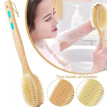 Портативная щетка для ванны с мягкой жесткой щетиной, двухсторонняя, с деревянной ручкой, отшелушивающий скраб для тела, массажер для кожи с длинной ручкой
