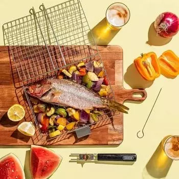 Portable BBQ Basket Stainless Steel Outdoor Camping BBQ Rack with Removable Handle BBQ Grill Mesh BBQ Clamp Cooking Accessories