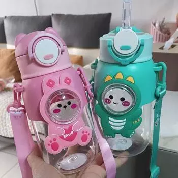 Portable Cartoon Straw Cup Large-Capacity 680ml Water Cup Fall-proof Student Bottles розовый