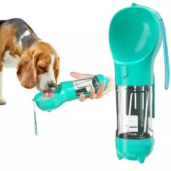 Portable Dog Food Feeder 3 In 1 Cat Water Bottle Drinker Poop Dispenser Leak Proof Multifunctional Travel Puppy Outdoor Drinking 300ml with food box синий
