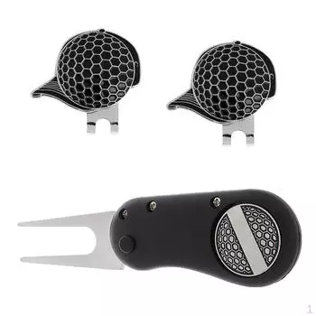 Portable Foldable Alloy Golf Repair Tool with 2 Pieces Hat Clip Ball Marker Black