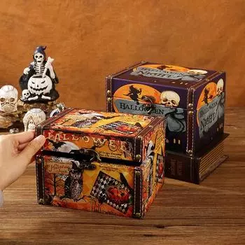 Portable Halloween Candy Box Dustproof Waterproof Halloween Gift Box High-capacity Exquisite Patterns Wooden Storage Box
