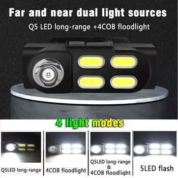 Portable Mini Headlamp XPE+4COB LED Headlight USB Rechargeable Use 18650 Battery Camping Light Night Fishing Lantern