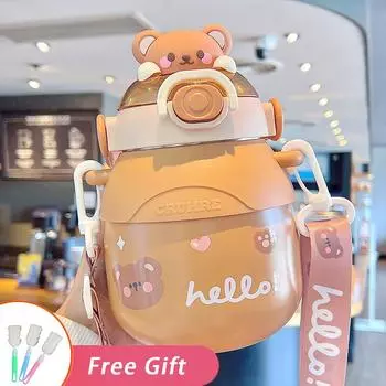 Portable Straw Thermos Cartoon Vacuum Flasks Large Capacity Insulation Cup Outdoor Kawaii Kid Tumbler Cute Water Bottle For Girl without sticker кофейный