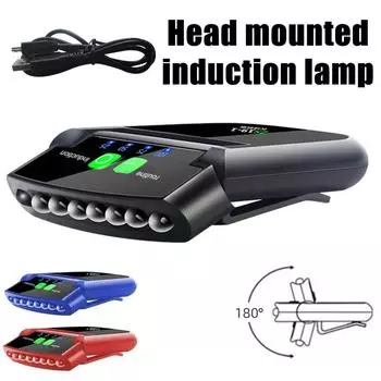 Portable Strong light Camping Headlight Waterproof Rechargeable headlight with Human Body Sensing Battery Display Cap Clip Light without Headband красный
