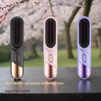 Портативная беспроводная расческа для выпрямления и завивки волос с технологией отрицательных ионов и пушистой заколкой для волос. чёрный