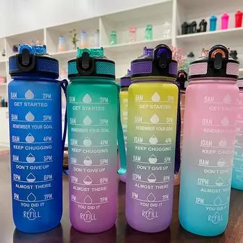 Портативная бутылка для воды 1 л, мотивационная спортивная бутылка для воды с герметичной чашкой Time Maker для спорта на открытом воздухе, фитнеса, езды на велосипеде оранжевый/зелёный