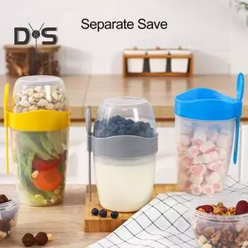 Портативная чашка для завтрака, овсянки, хлопьев, орехов, йогурта, салата с вилкой, ложкой, двухслойная, большая емкость, чашка для соевого молока, бытовые принадлежности S серый